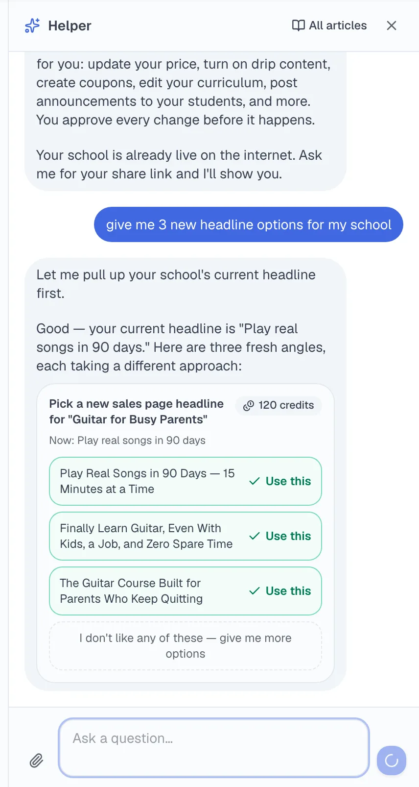 The TeachClub assistant proposing headline options with one-click apply buttons