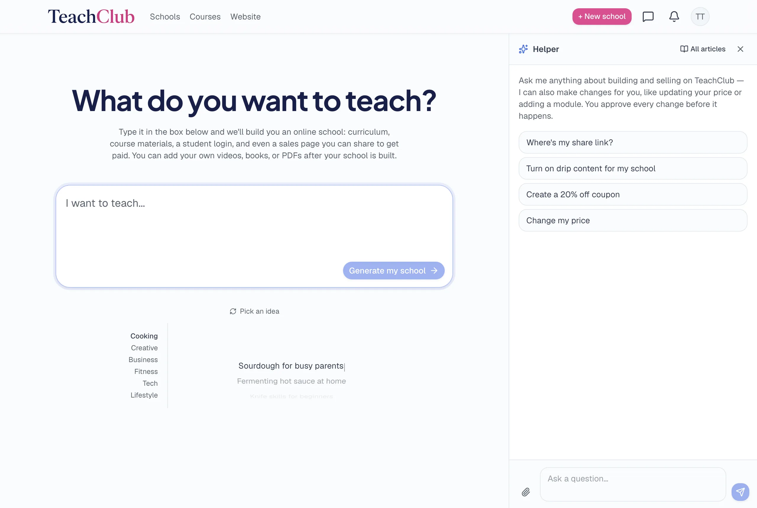 The TeachClub create page: a single text box asking What do you want to teach, with the helper assistant docked on the right