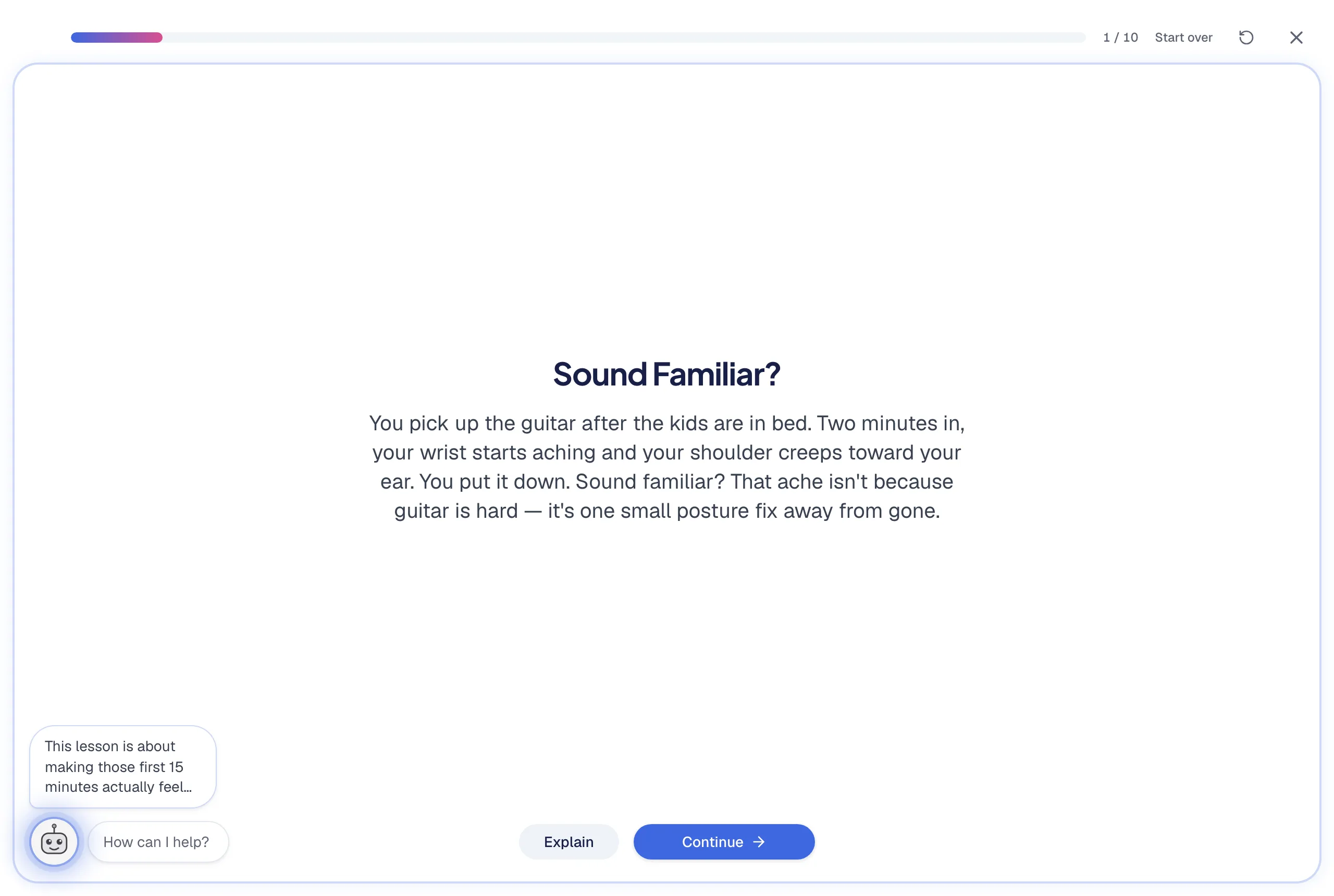 A lesson mid-teach: step 1 of 10, teaching prose written for the school's exact audience, with Explain and Continue buttons and the tutor available bottom-left